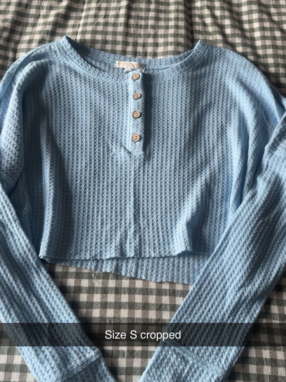 Light Blue Waffle Knit Cropped Henley Top